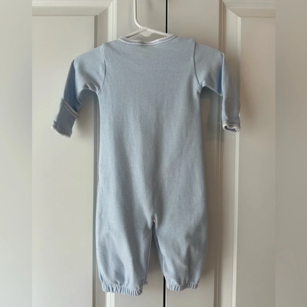 Magnolia Baby Train Embroidered Convertible Gown Blue & White Striped (Sz M/6M)